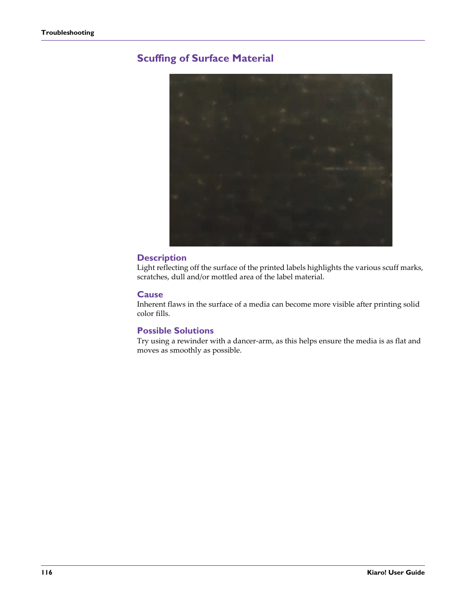 Scuffing of surface material, Description, Cause | Possible solutions | QuickLabel Kiaro! User Manual | Page 132 / 166