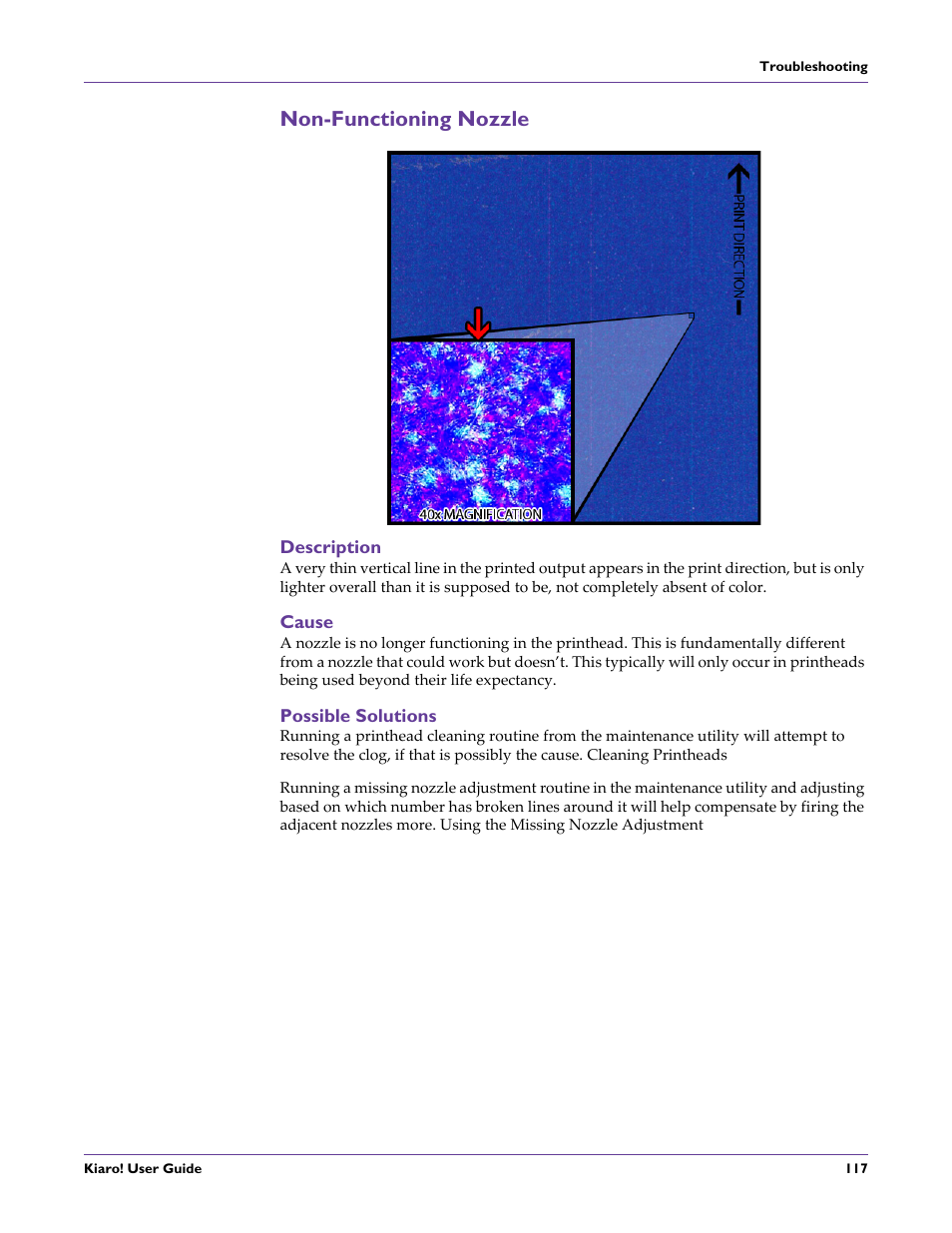 Non-functioning nozzle, Description, Cause | Possible solutions | QuickLabel Kiaro! User Manual | Page 133 / 166