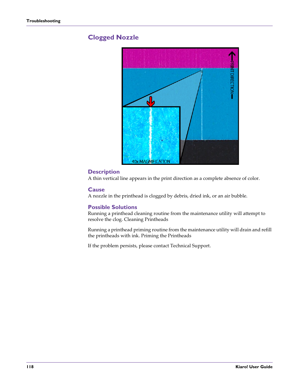 Clogged nozzle, Description, Cause | Possible solutions | QuickLabel Kiaro! User Manual | Page 134 / 166