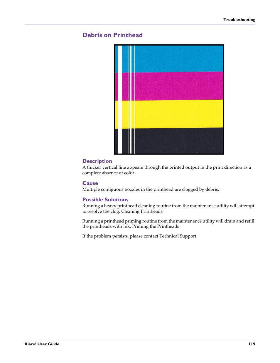 Debris on printhead, Description, Cause | Possible solutions | QuickLabel Kiaro! User Manual | Page 135 / 166