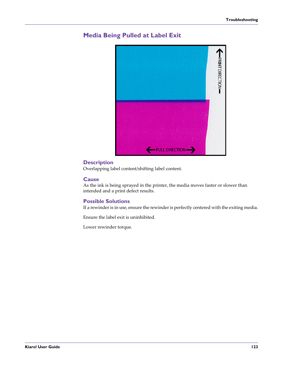 Media being pulled at label exit, Description, Cause | Possible solutions | QuickLabel Kiaro! User Manual | Page 139 / 166