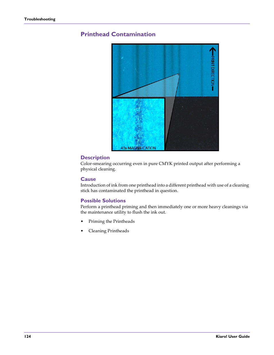 Printhead contamination, Description, Cause | Possible solutions | QuickLabel Kiaro! User Manual | Page 140 / 166