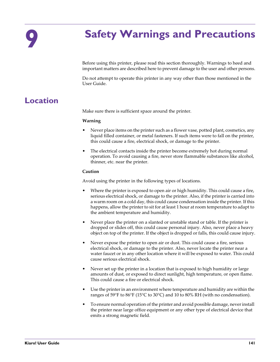 Safety warnings and precautions, Location, Chapter: 9 | QuickLabel Kiaro! User Manual | Page 157 / 166