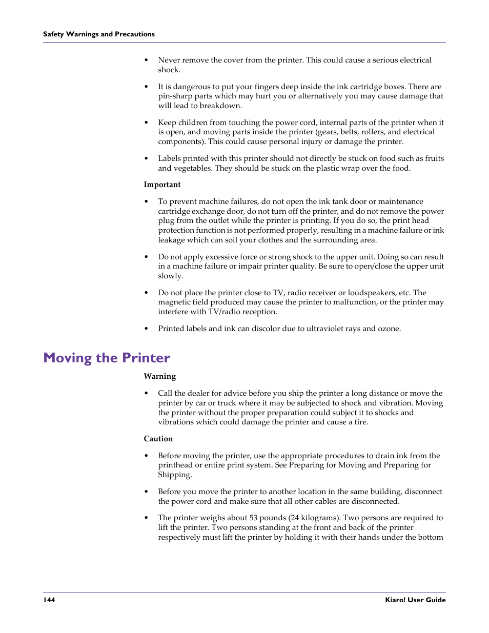 Moving the printer | QuickLabel Kiaro! User Manual | Page 160 / 166