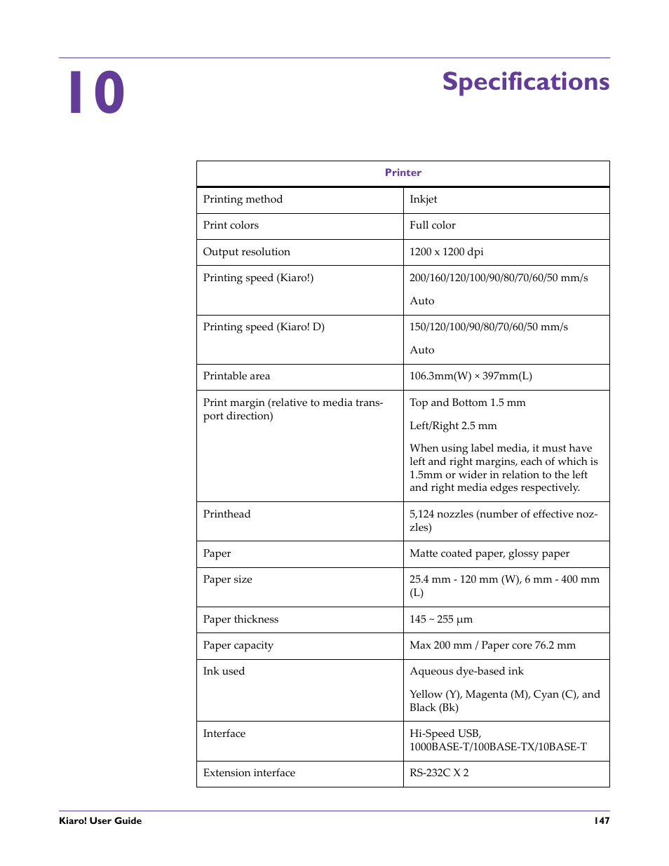Specifications | QuickLabel Kiaro! User Manual | Page 163 / 166