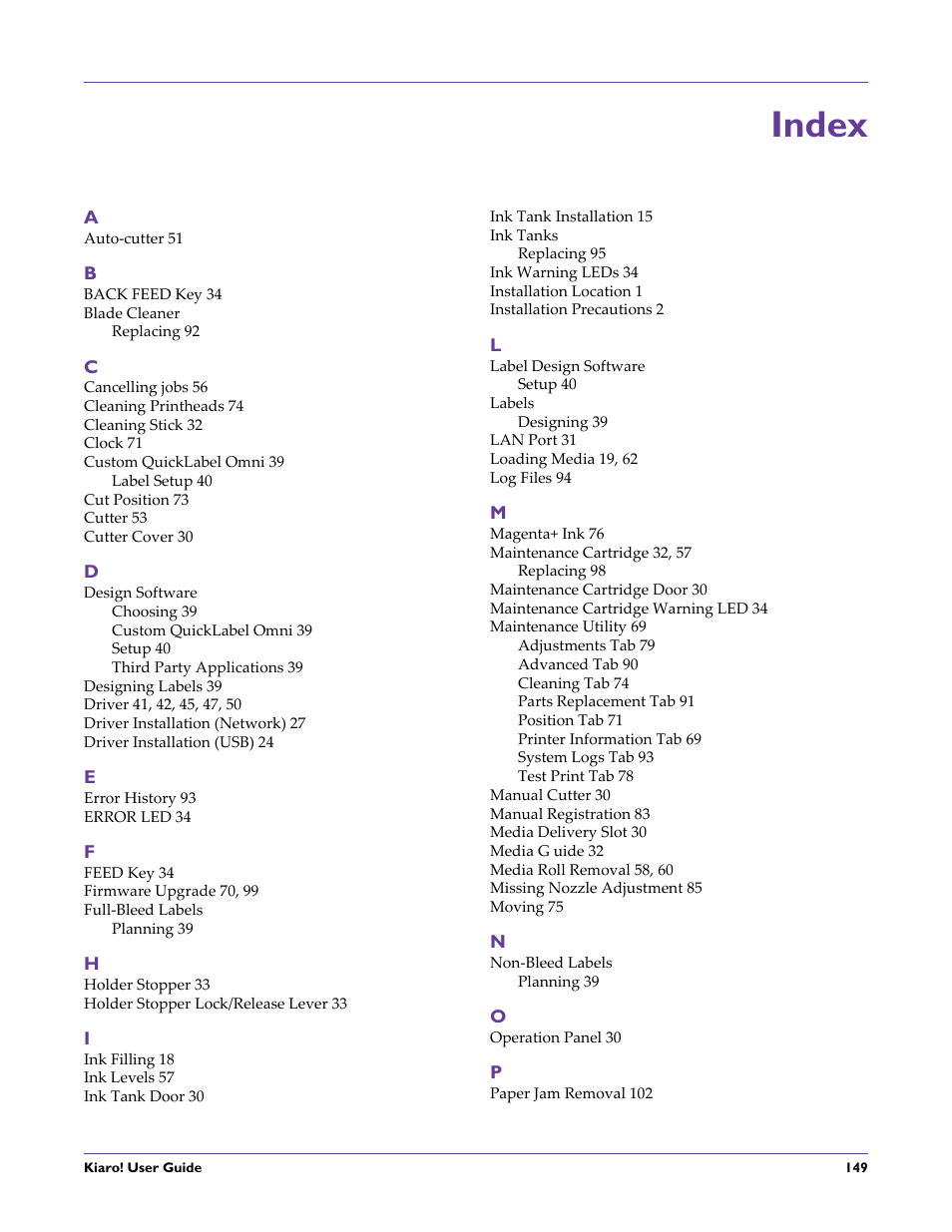 Index | QuickLabel Kiaro! User Manual | Page 165 / 166