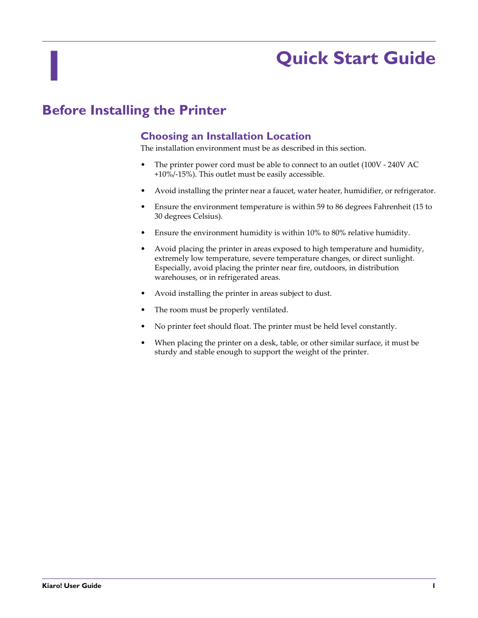 Quick start guide, Before installing the printer, Choosing an installation location | Chapter: 1 | QuickLabel Kiaro! User Manual | Page 17 / 166