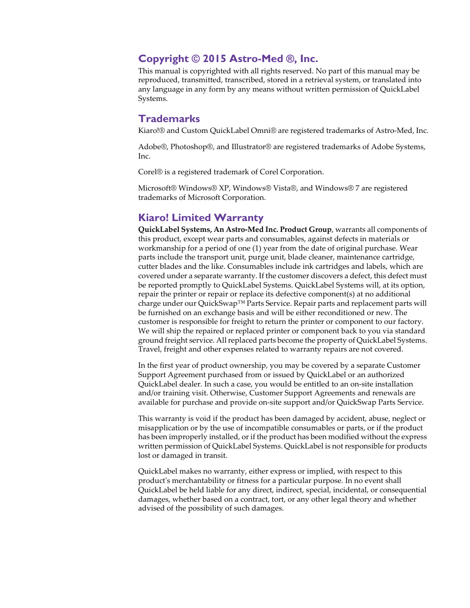 Copyright © 2015 astro-med ®, inc, Trademarks, Kiaro! limited warranty | QuickLabel Kiaro! User Manual | Page 4 / 166