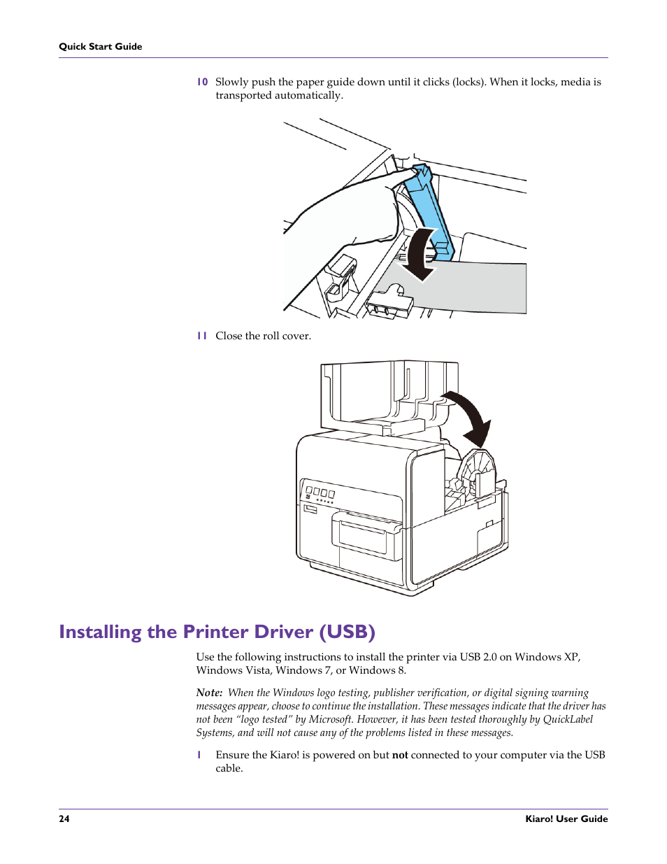 Installing the printer driver (usb) | QuickLabel Kiaro! User Manual | Page 40 / 166