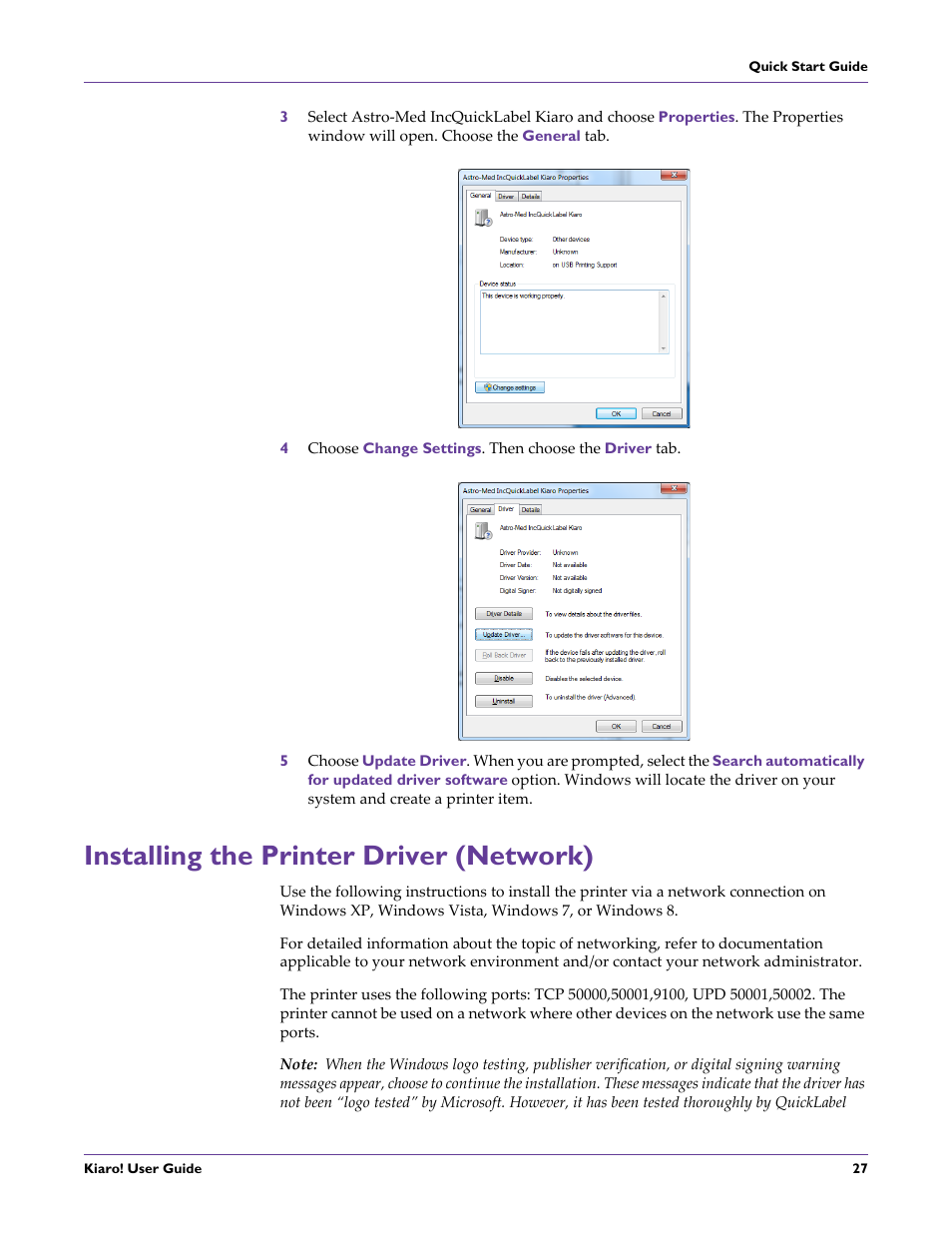 Installing the printer driver (network) | QuickLabel Kiaro! User Manual | Page 43 / 166