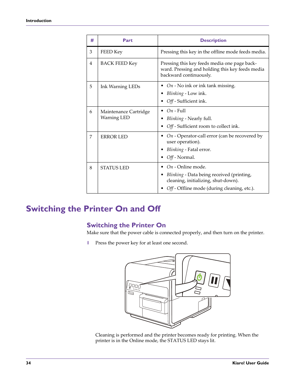 Switching the printer on and off, Switching the printer on | QuickLabel Kiaro! User Manual | Page 50 / 166