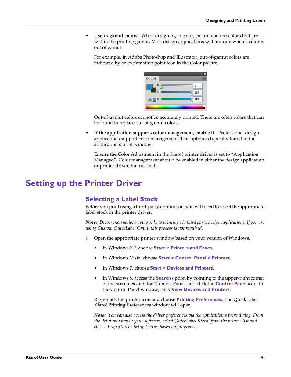 Setting up the printer driver, Selecting a label stock | QuickLabel Kiaro! User Manual | Page 57 / 166