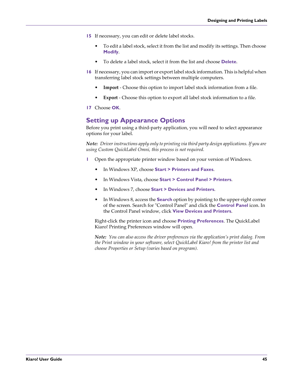 Setting up appearance options | QuickLabel Kiaro! User Manual | Page 61 / 166
