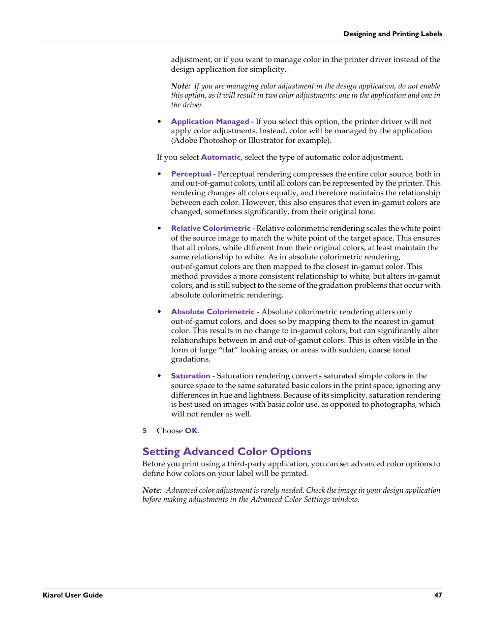 Setting advanced color options | QuickLabel Kiaro! User Manual | Page 63 / 166