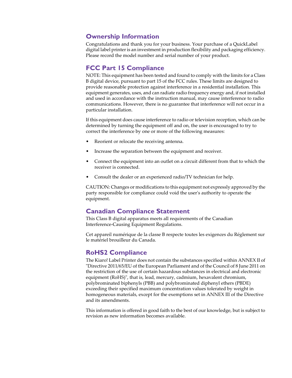 Ownership information, Fcc part 15 compliance, Canadian compliance statement | Rohs2 compliance | QuickLabel Kiaro! User Manual | Page 7 / 166