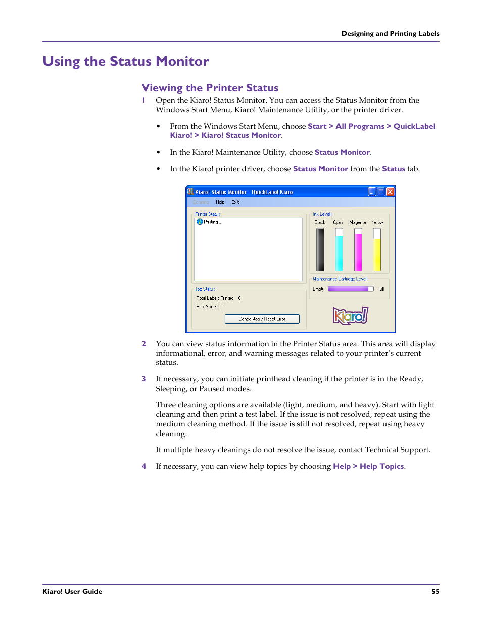 Using the status monitor, Viewing the printer status | QuickLabel Kiaro! User Manual | Page 71 / 166
