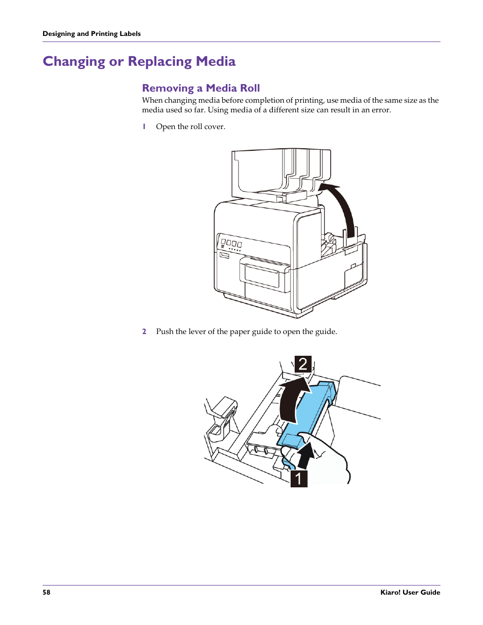 Changing or replacing media, Removing a media roll | QuickLabel Kiaro! User Manual | Page 74 / 166
