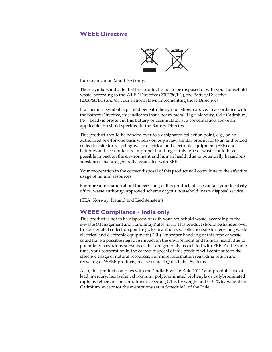 Weee directive, Weee compliance - india only | QuickLabel Kiaro! User Manual | Page 8 / 166
