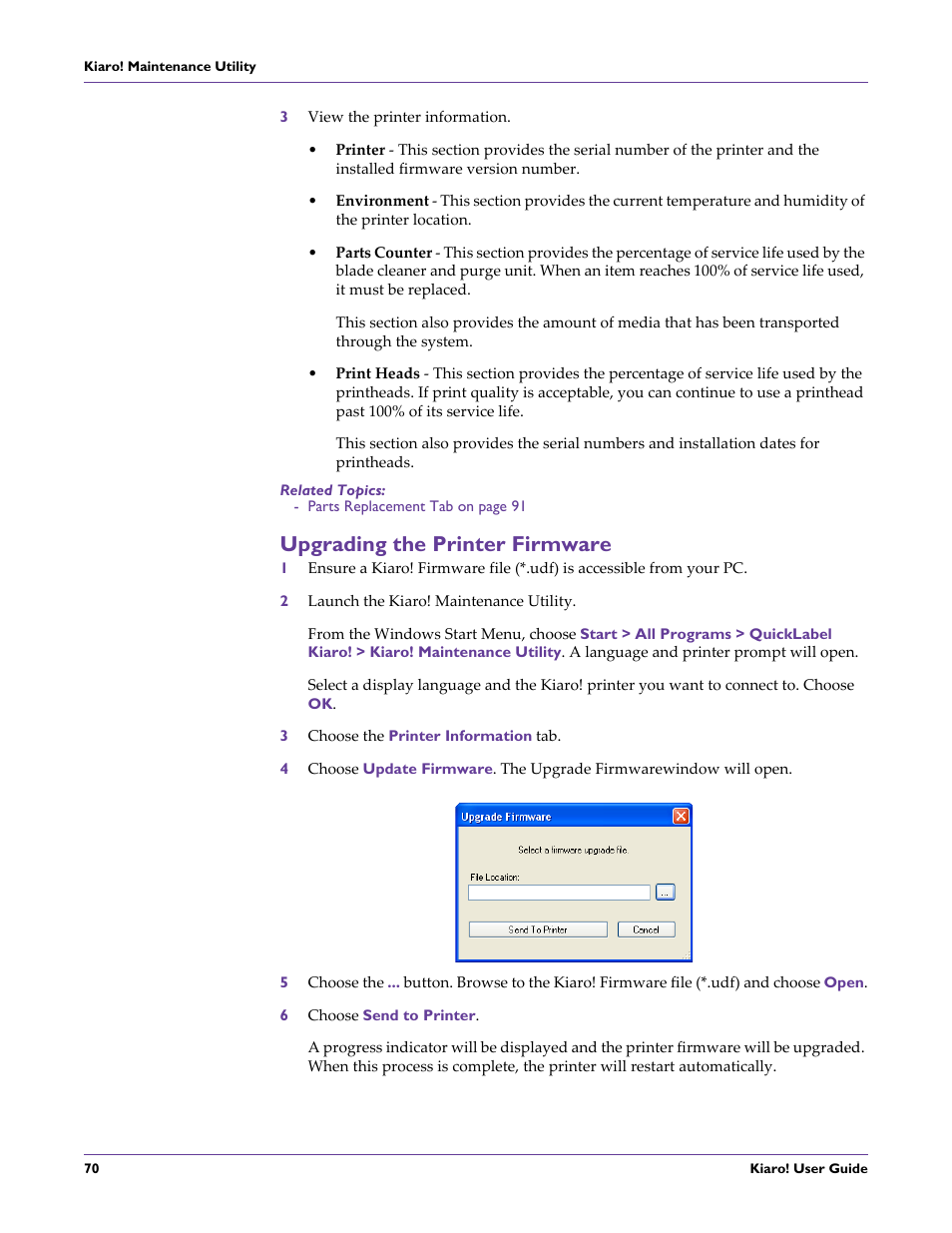 Upgrading the printer firmware | QuickLabel Kiaro! User Manual | Page 86 / 166