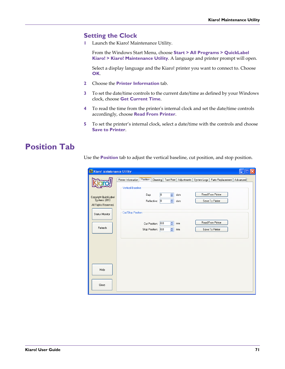 Setting the clock, Position tab | QuickLabel Kiaro! User Manual | Page 87 / 166