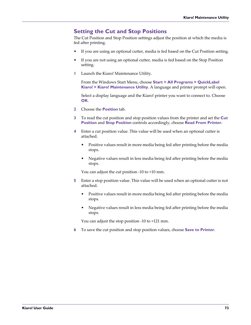 Setting the cut and stop positions | QuickLabel Kiaro! User Manual | Page 89 / 166