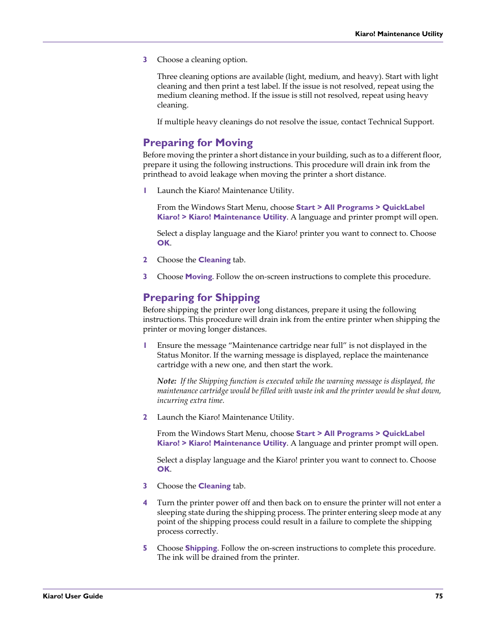 Preparing for moving, Preparing for shipping, Preparing for moving preparing for shipping | QuickLabel Kiaro! User Manual | Page 91 / 166
