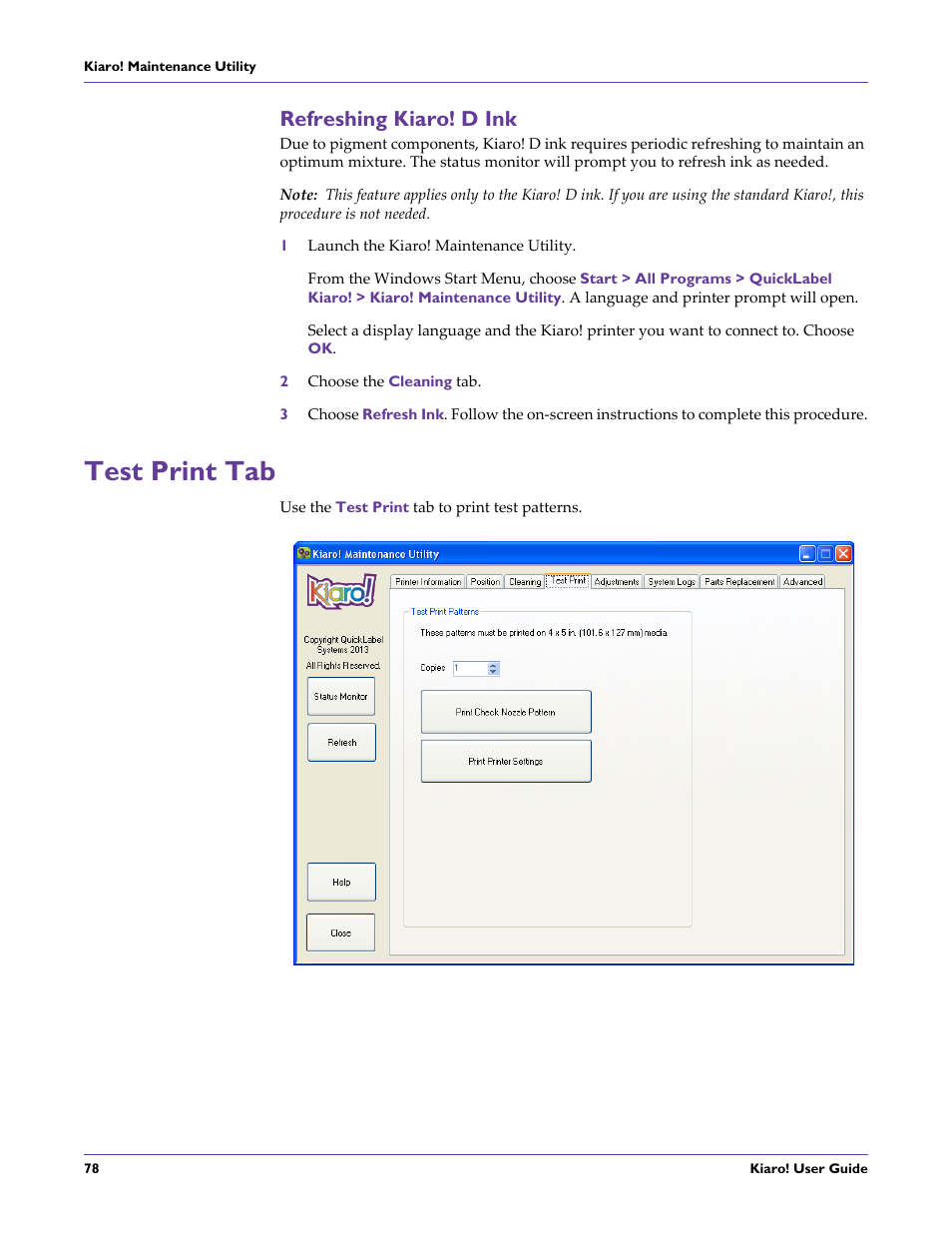 Refreshing kiaro! d ink, Test print tab | QuickLabel Kiaro! User Manual | Page 94 / 166