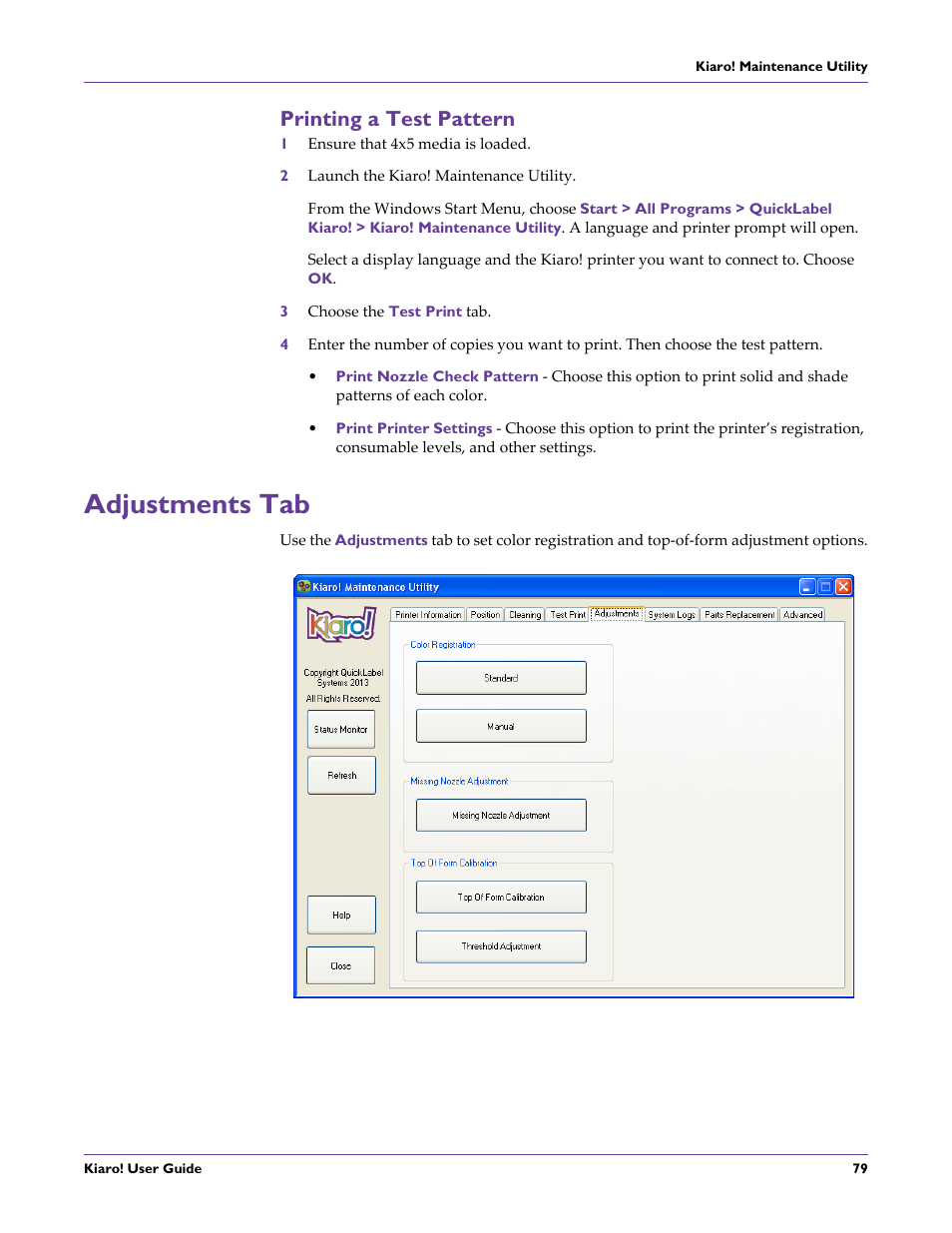 Printing a test pattern, Adjustments tab | QuickLabel Kiaro! User Manual | Page 95 / 166