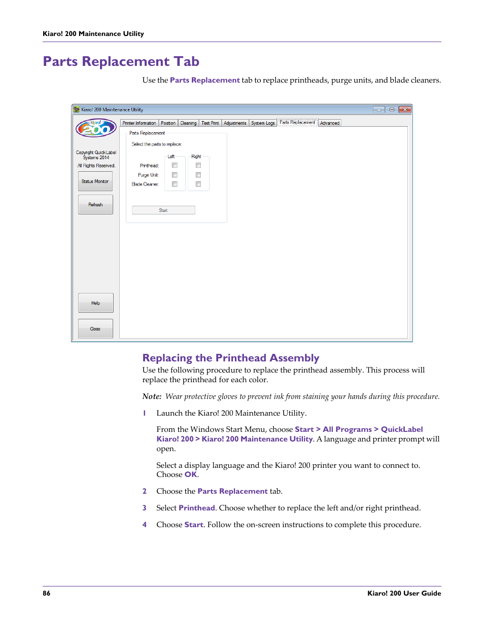 Parts replacement tab, Replacing the printhead assembly | QuickLabel 200 Kiaro! User Manual | Page 100 / 150