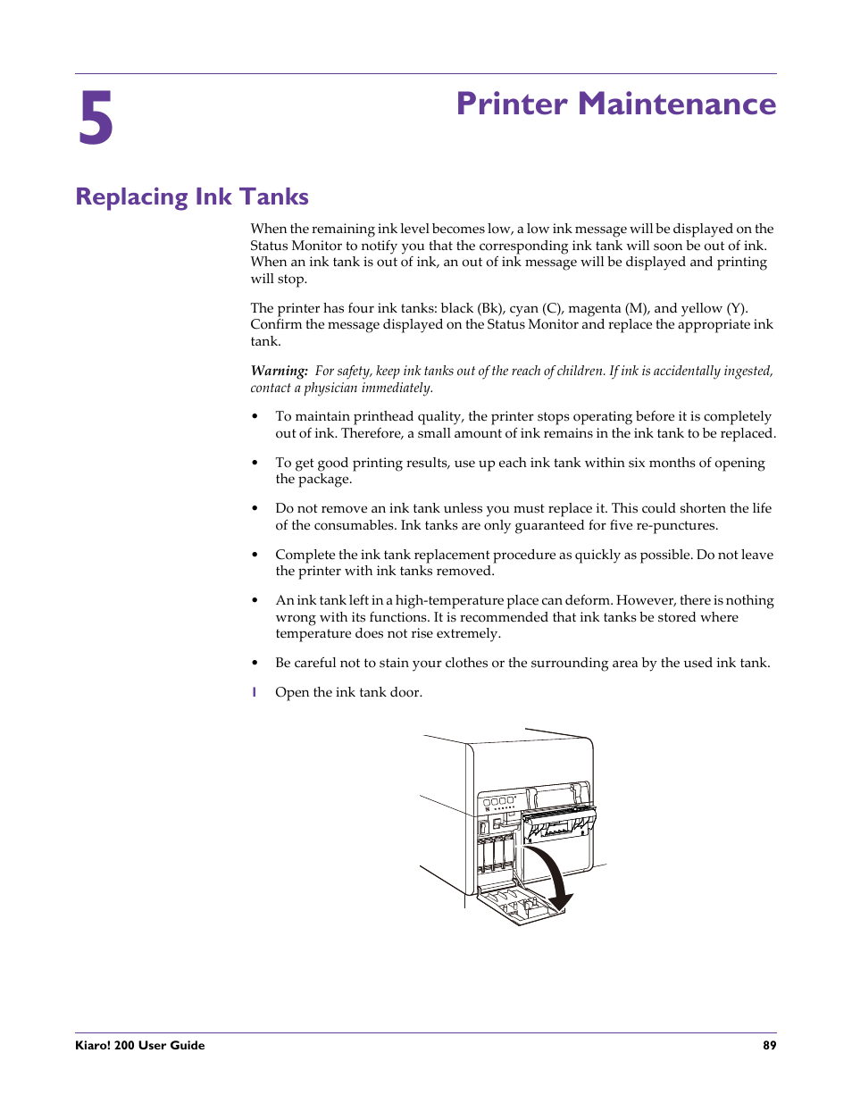 Printer maintenance, Replacing ink tanks, Chapter: 5 | QuickLabel 200 Kiaro! User Manual | Page 103 / 150