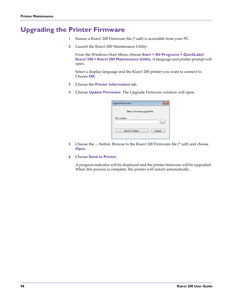 Upgrading the printer firmware | QuickLabel 200 Kiaro! User Manual | Page 112 / 150