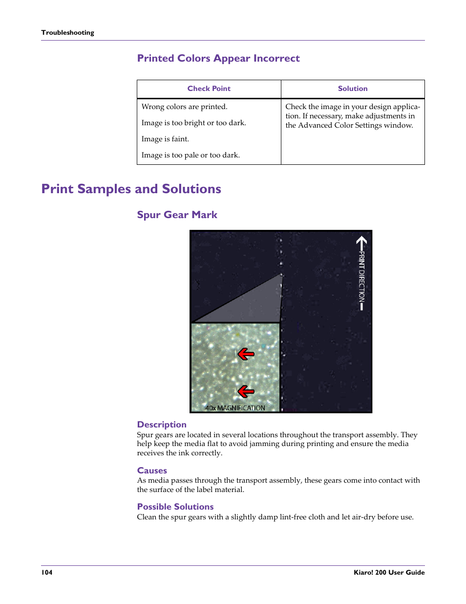 Printed colors appear incorrect, Print samples and solutions, Spur gear mark | Description, Causes, Possible solutions | QuickLabel 200 Kiaro! User Manual | Page 118 / 150