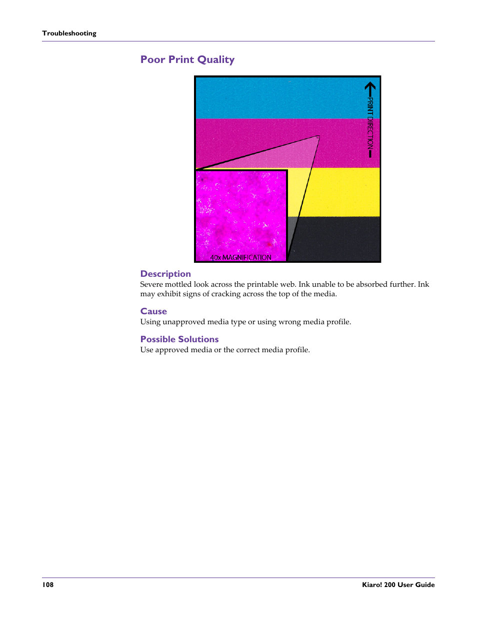 Poor print quality, Description, Cause | Possible solutions | QuickLabel 200 Kiaro! User Manual | Page 122 / 150