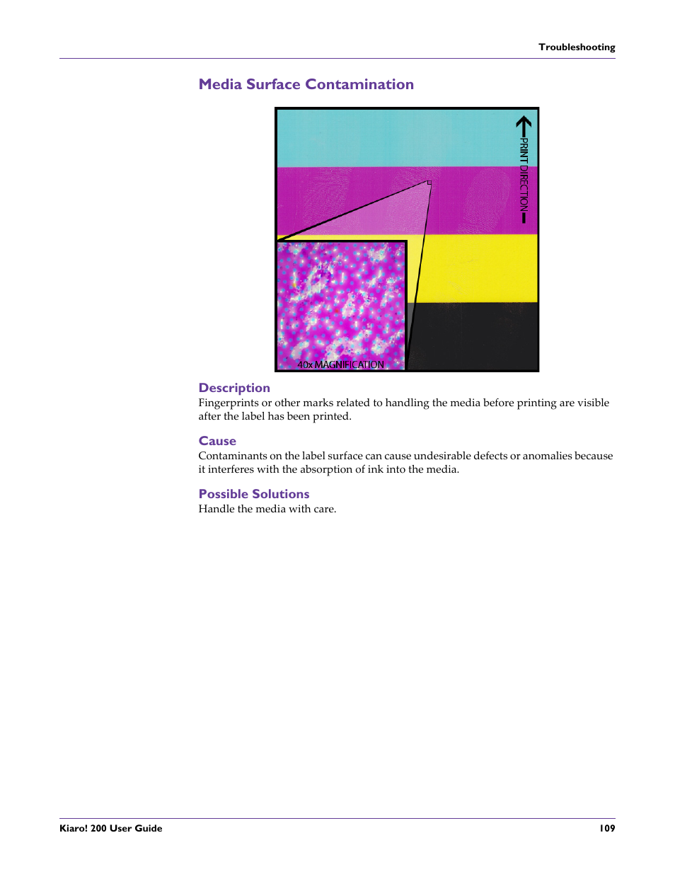 Media surface contamination, Description, Cause | Possible solutions | QuickLabel 200 Kiaro! User Manual | Page 123 / 150