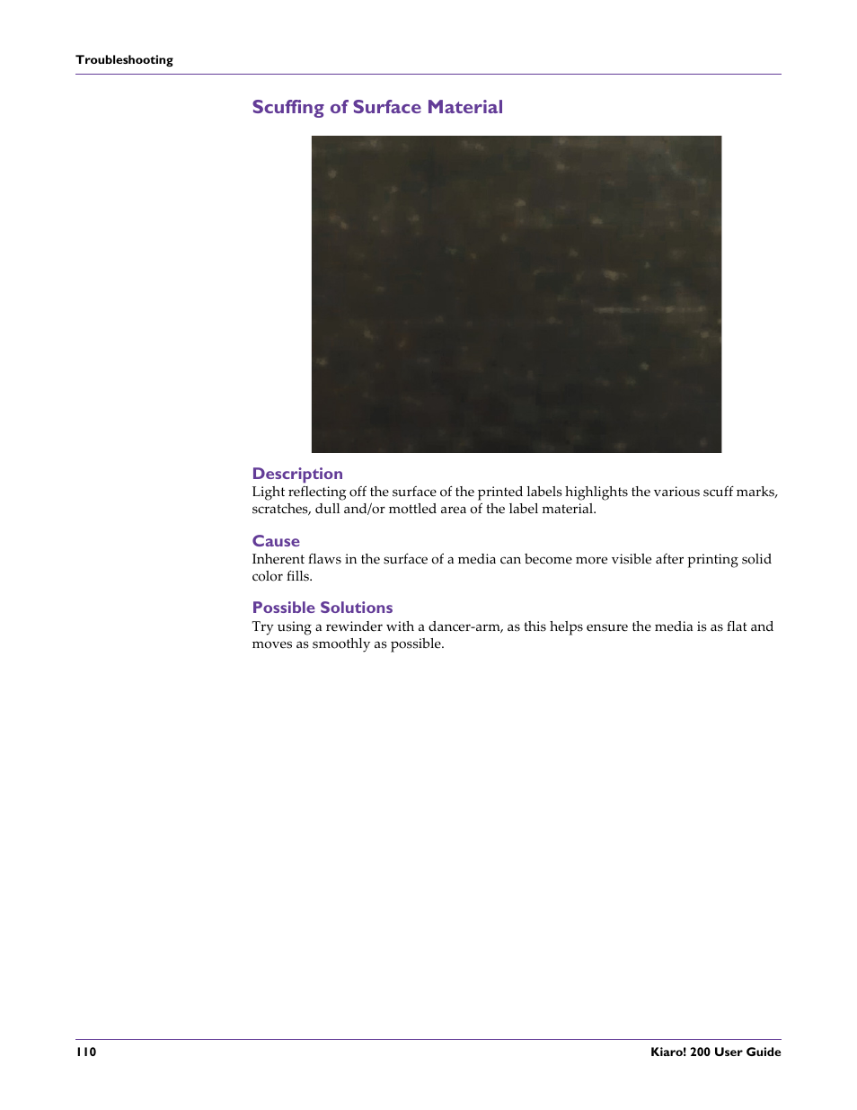 Scuffing of surface material, Description, Cause | Possible solutions | QuickLabel 200 Kiaro! User Manual | Page 124 / 150