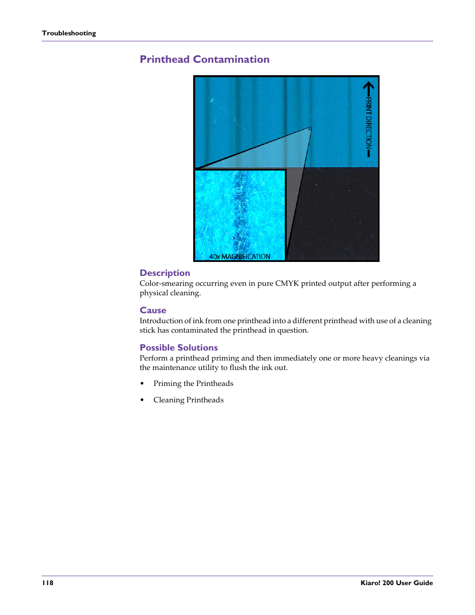 Printhead contamination, Description, Cause | Possible solutions | QuickLabel 200 Kiaro! User Manual | Page 132 / 150