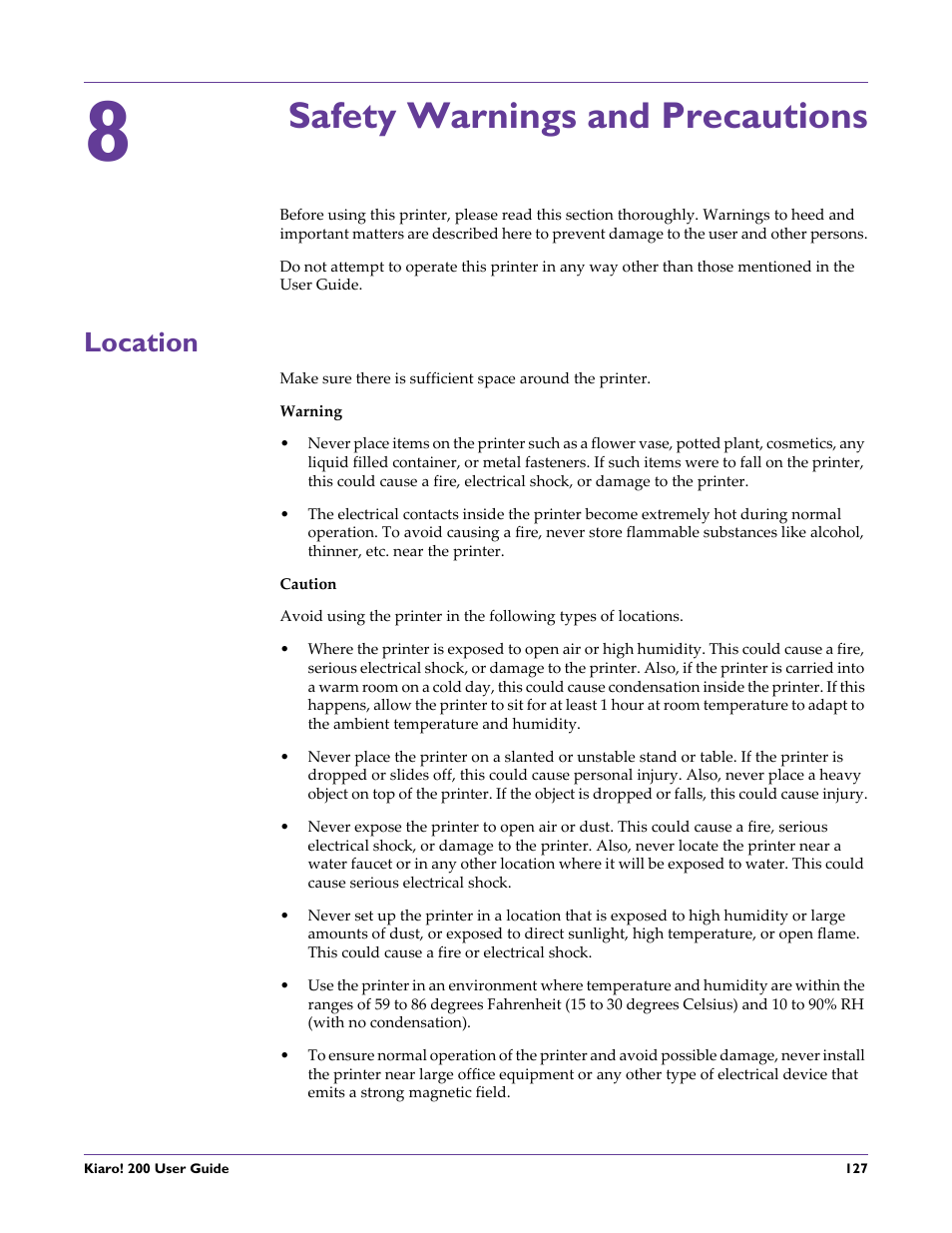 Safety warnings and precautions, Location, Chapter: 8 | QuickLabel 200 Kiaro! User Manual | Page 141 / 150