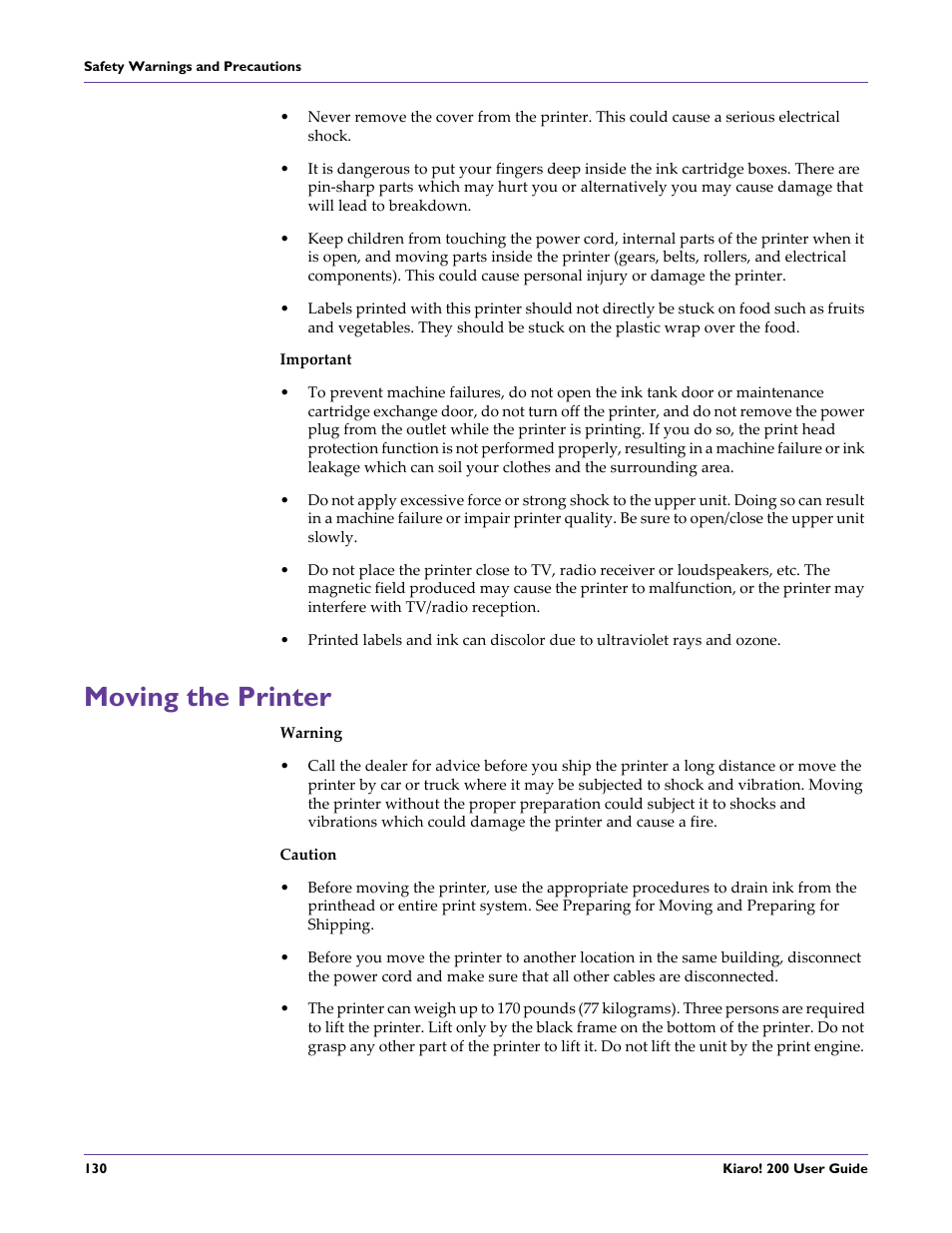 Moving the printer | QuickLabel 200 Kiaro! User Manual | Page 144 / 150