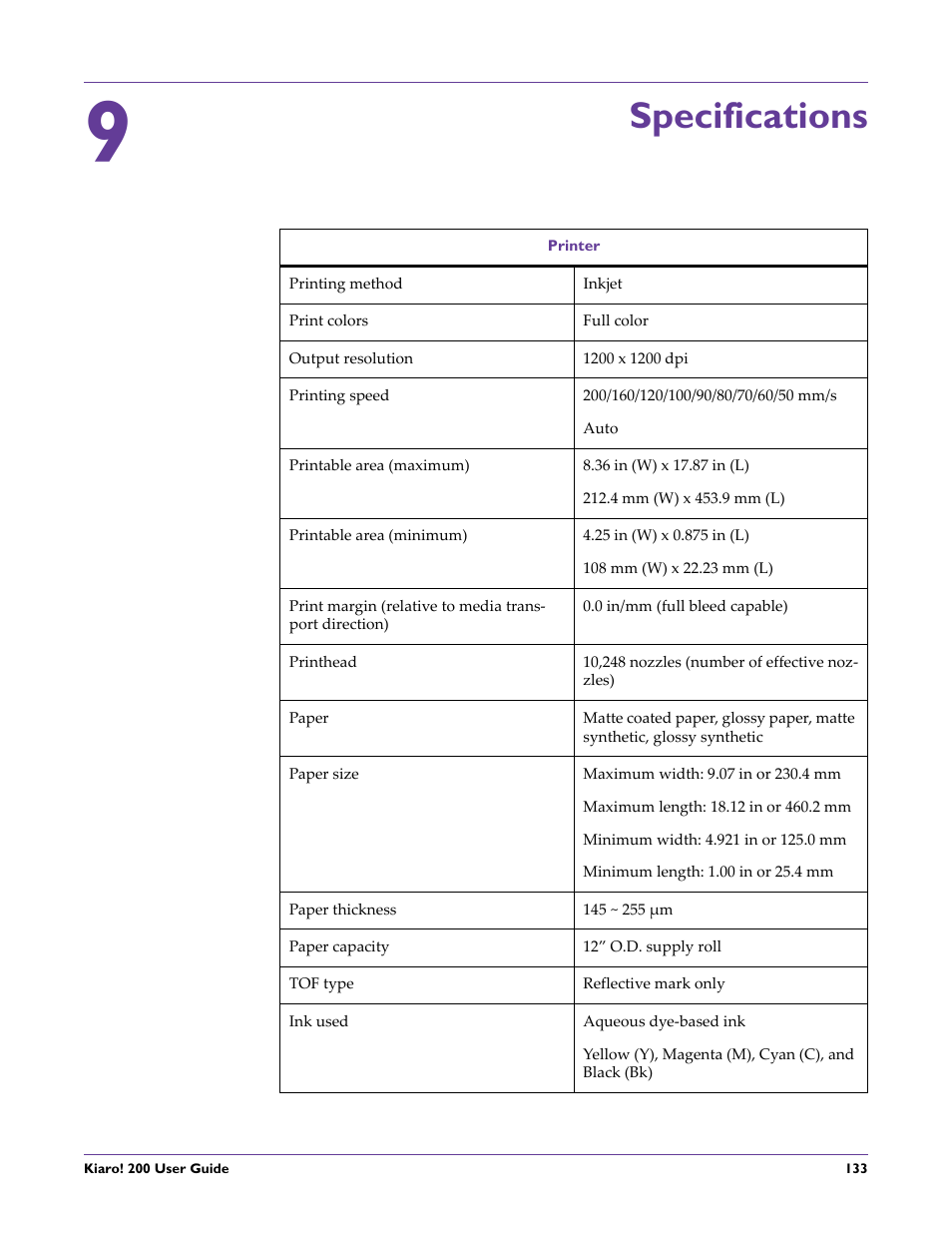 Specifications | QuickLabel 200 Kiaro! User Manual | Page 147 / 150