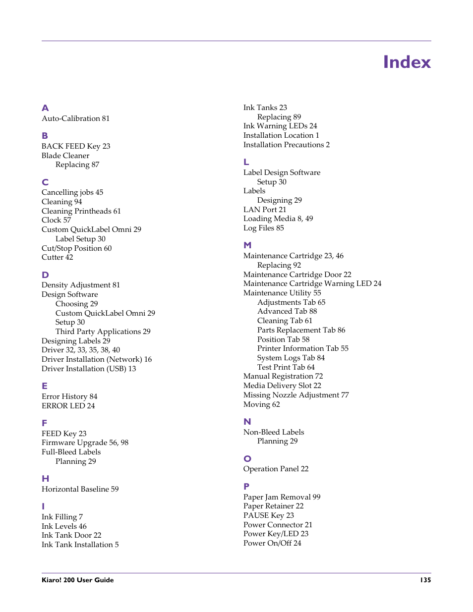 Index | QuickLabel 200 Kiaro! User Manual | Page 149 / 150