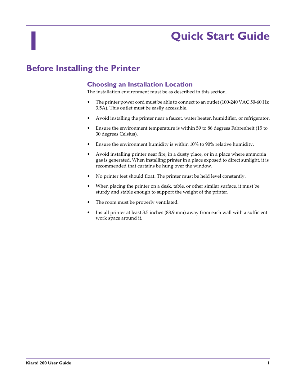 Quick start guide, Before installing the printer, Choosing an installation location | Chapter: 1 | QuickLabel 200 Kiaro! User Manual | Page 15 / 150