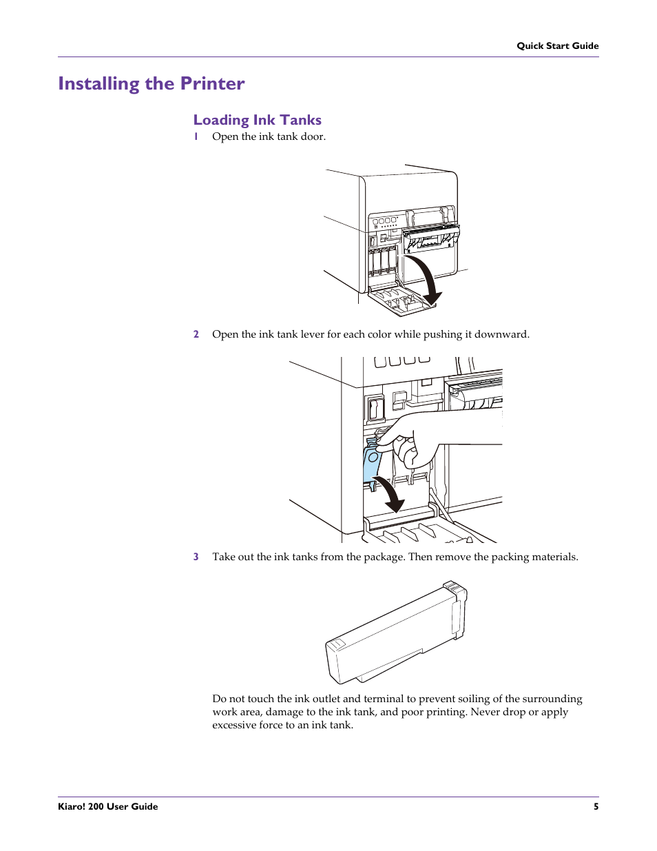 Installing the printer, Loading ink tanks | QuickLabel 200 Kiaro! User Manual | Page 19 / 150