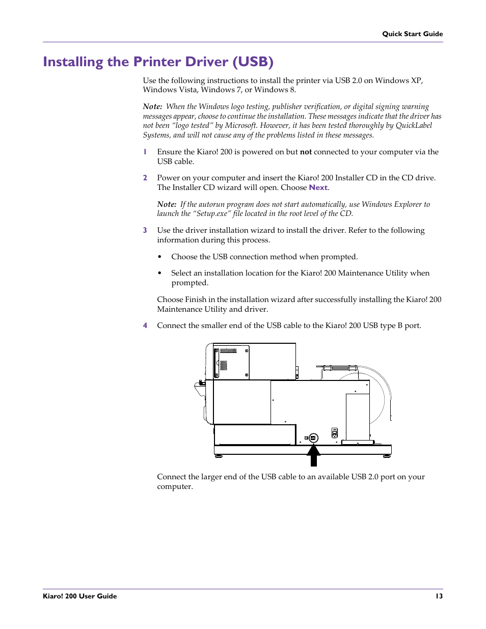 Installing the printer driver (usb) | QuickLabel 200 Kiaro! User Manual | Page 27 / 150