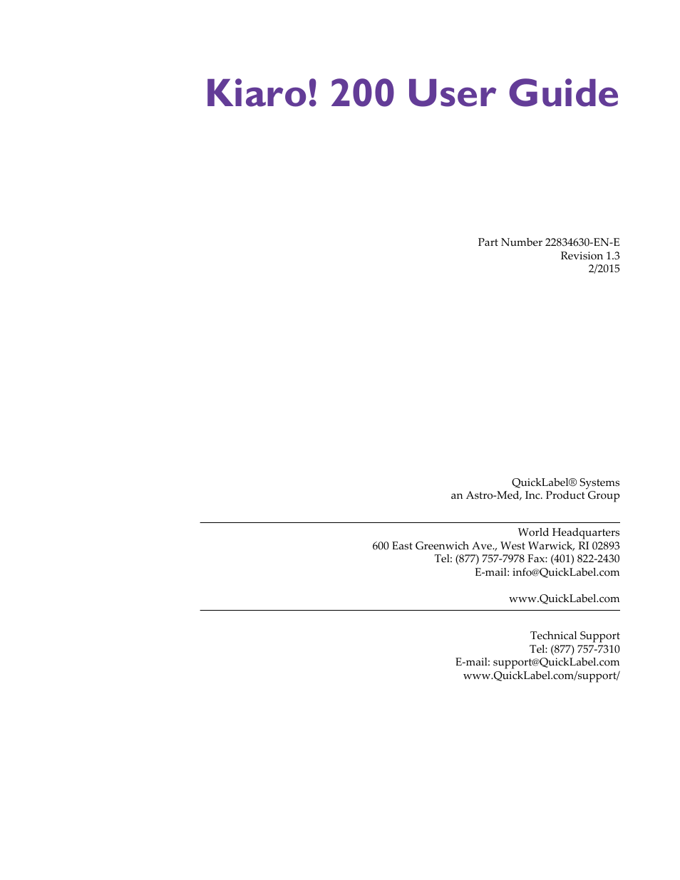 Kiaro! 200 user guide | QuickLabel 200 Kiaro! User Manual | Page 3 / 150