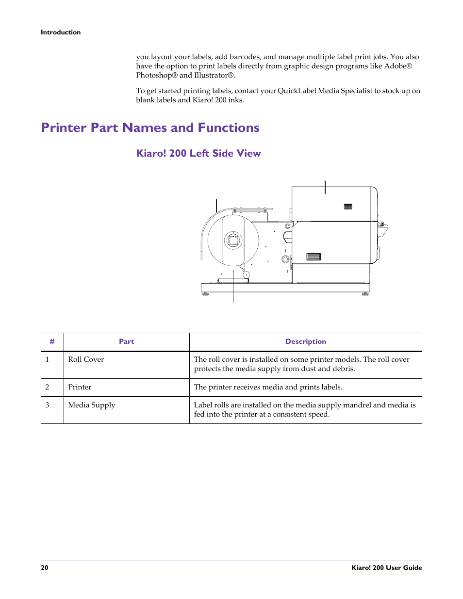 Printer part names and functions, Kiaro! 200 left side view | QuickLabel 200 Kiaro! User Manual | Page 34 / 150