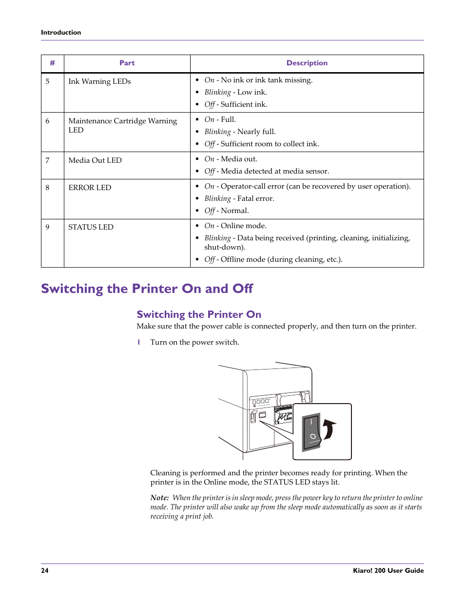 Switching the printer on and off, Switching the printer on | QuickLabel 200 Kiaro! User Manual | Page 38 / 150