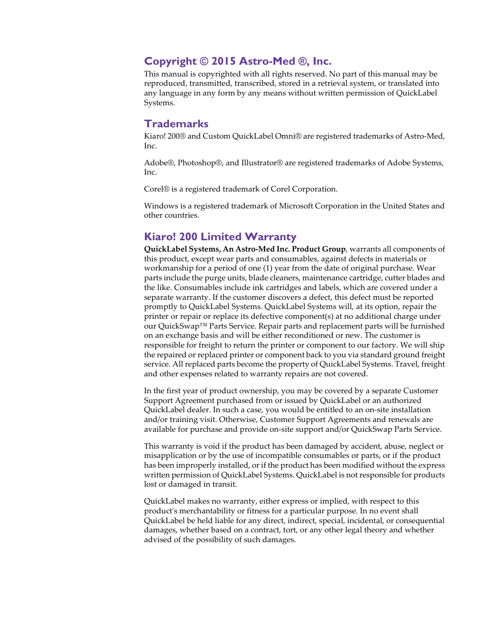 Copyright © 2015 astro-med ®, inc, Trademarks, Kiaro! 200 limited warranty | QuickLabel 200 Kiaro! User Manual | Page 4 / 150
