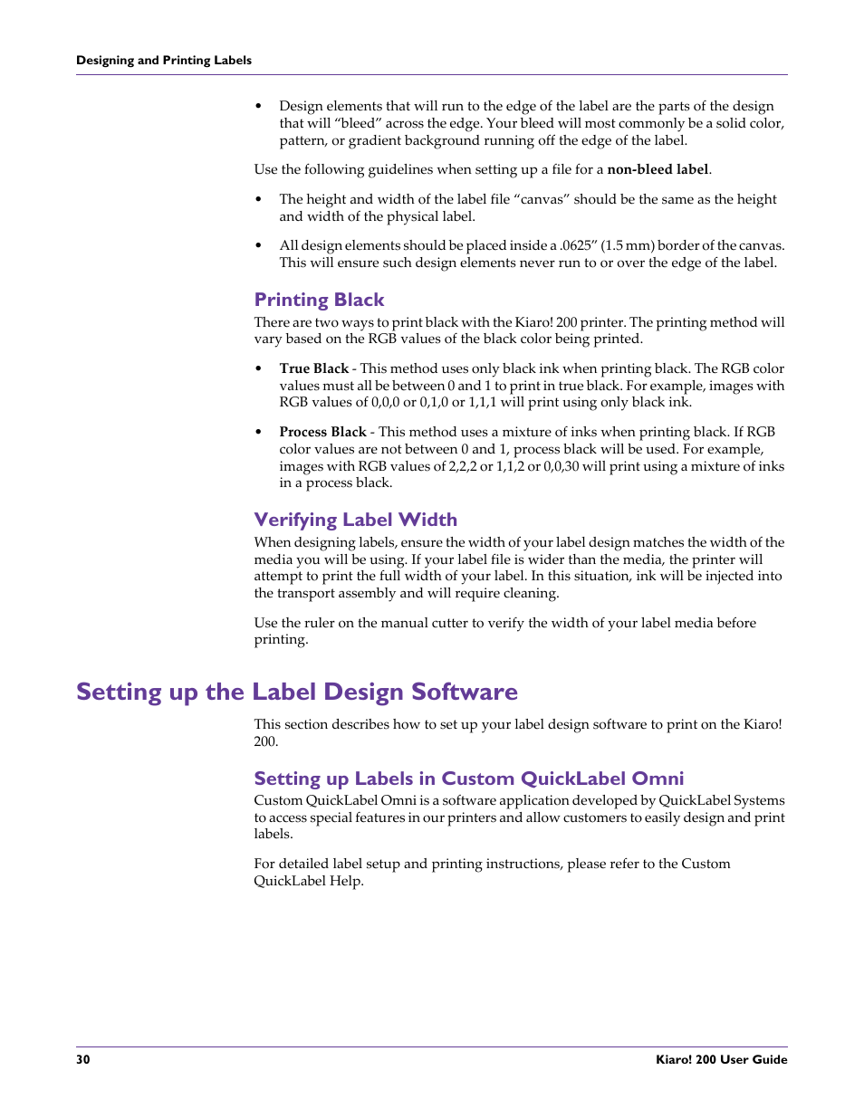 Printing black, Verifying label width, Setting up the label design software | Setting up labels in custom quicklabel omni, Printing black verifying label width | QuickLabel 200 Kiaro! User Manual | Page 44 / 150