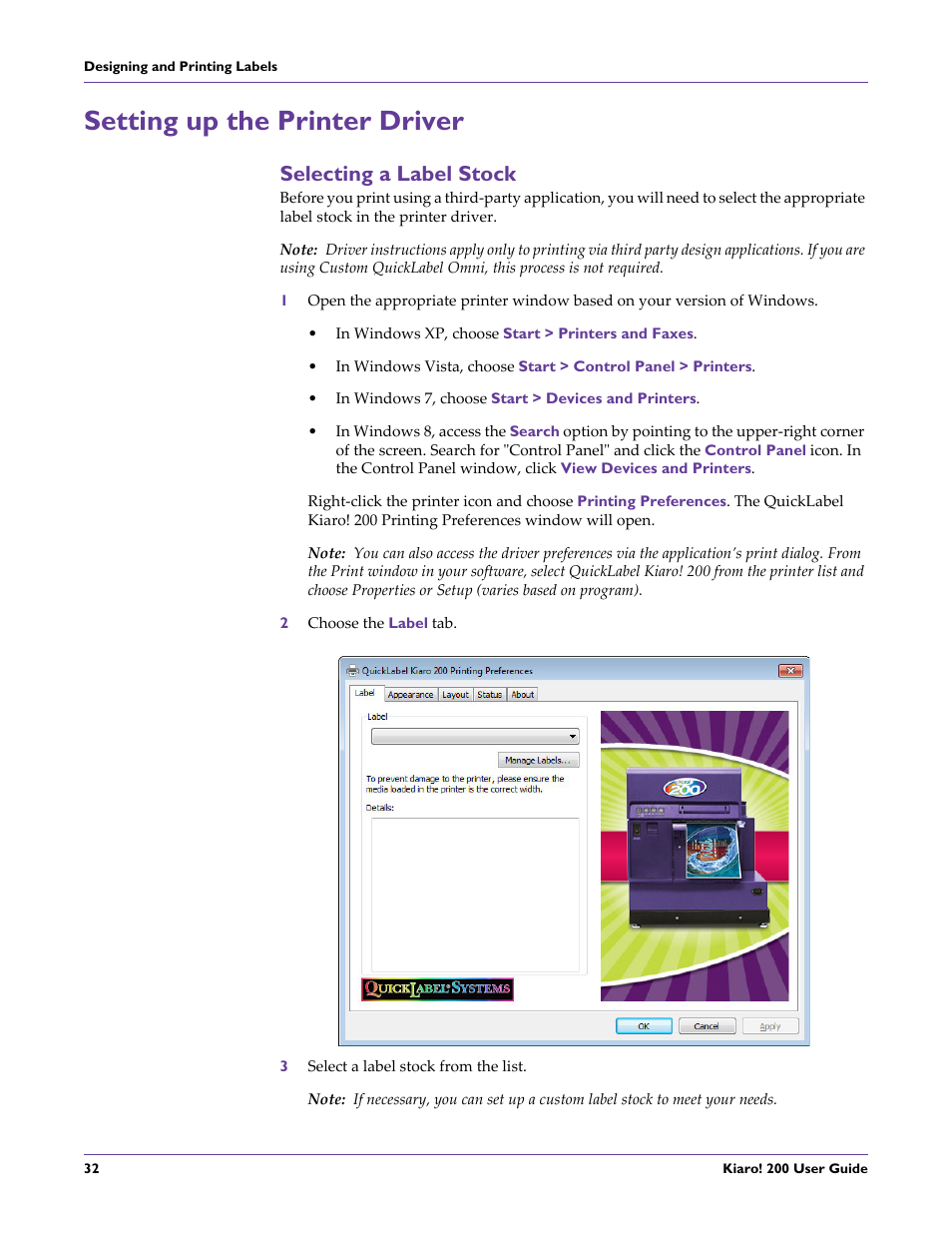 Setting up the printer driver, Selecting a label stock | QuickLabel 200 Kiaro! User Manual | Page 46 / 150