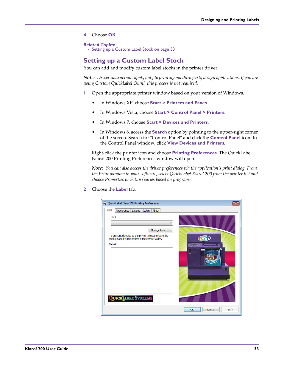 Setting up a custom label stock | QuickLabel 200 Kiaro! User Manual | Page 47 / 150